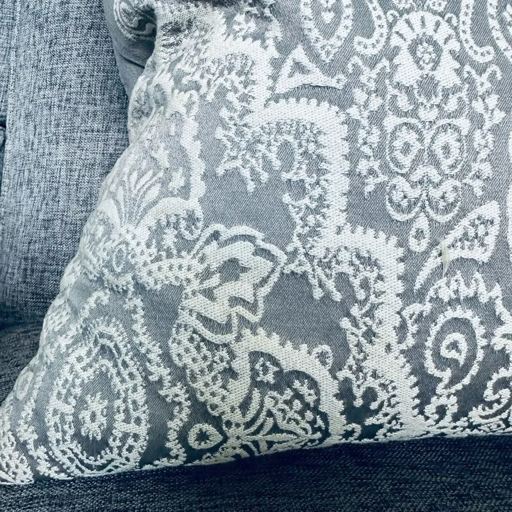 Gray White Silver Embroidered Throw Pillow